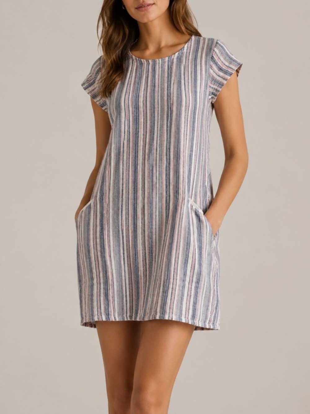 CP Shades 100% Linen Striped Shift Dress Size XS White Blue Red Beach Coastal
